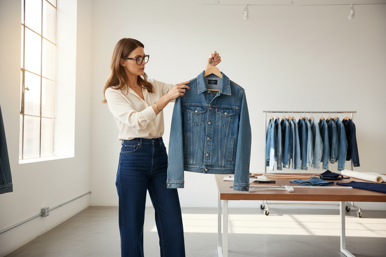 Lady with glasses doing quality control on denim jacket